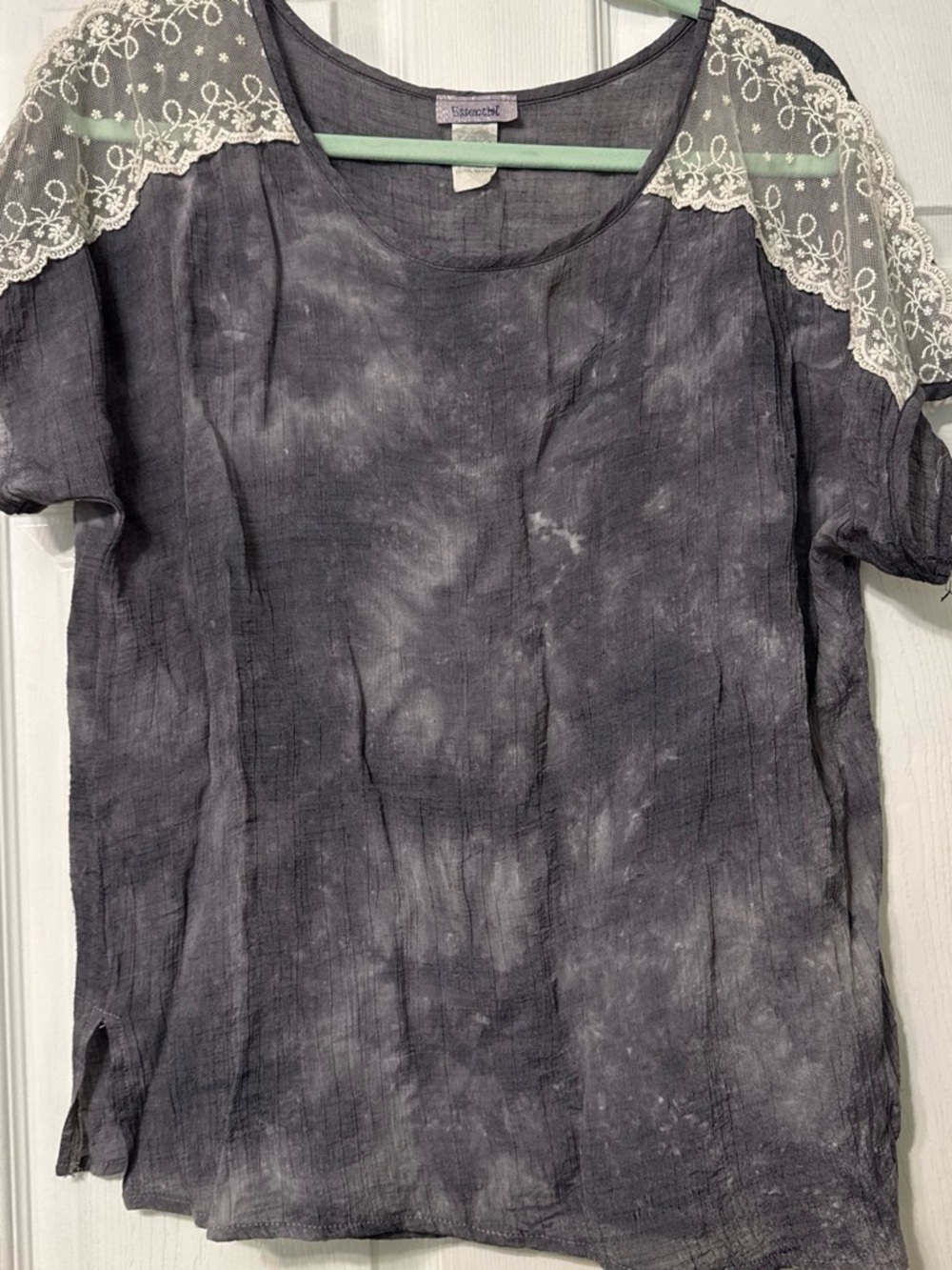 Essentials Gray Tie-Dye Lace-Shoulder Tunic